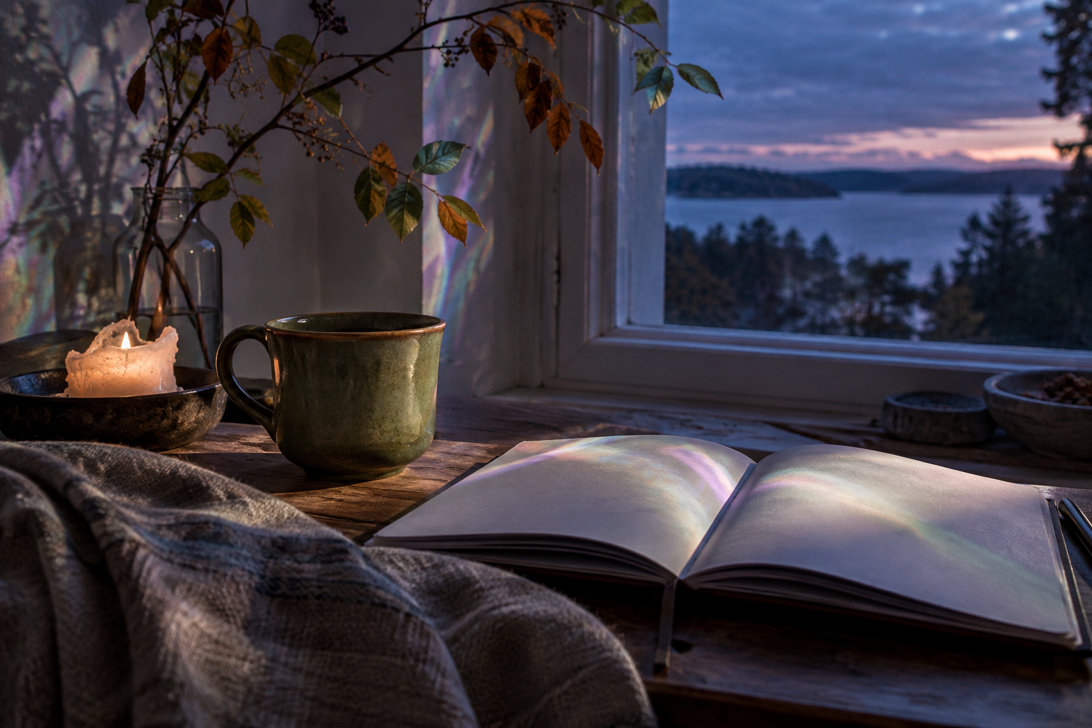 Candlelight, a green ceramic cup, and an open journal beside a twilight window.