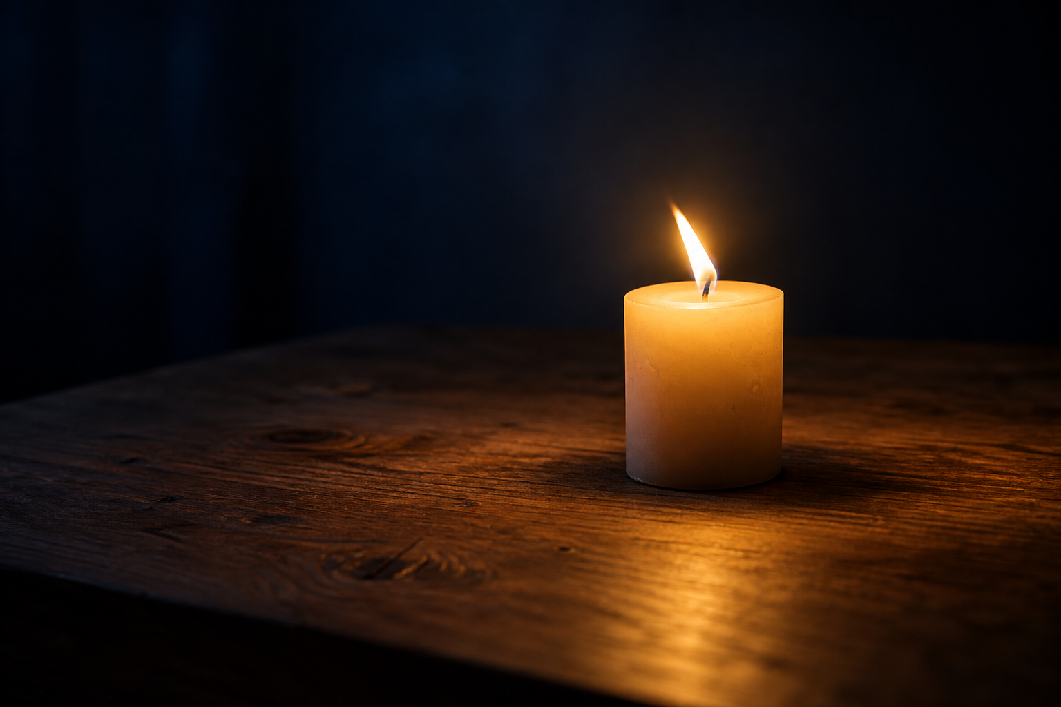 A single candle casting warm light across a plain wooden table in a dark room.