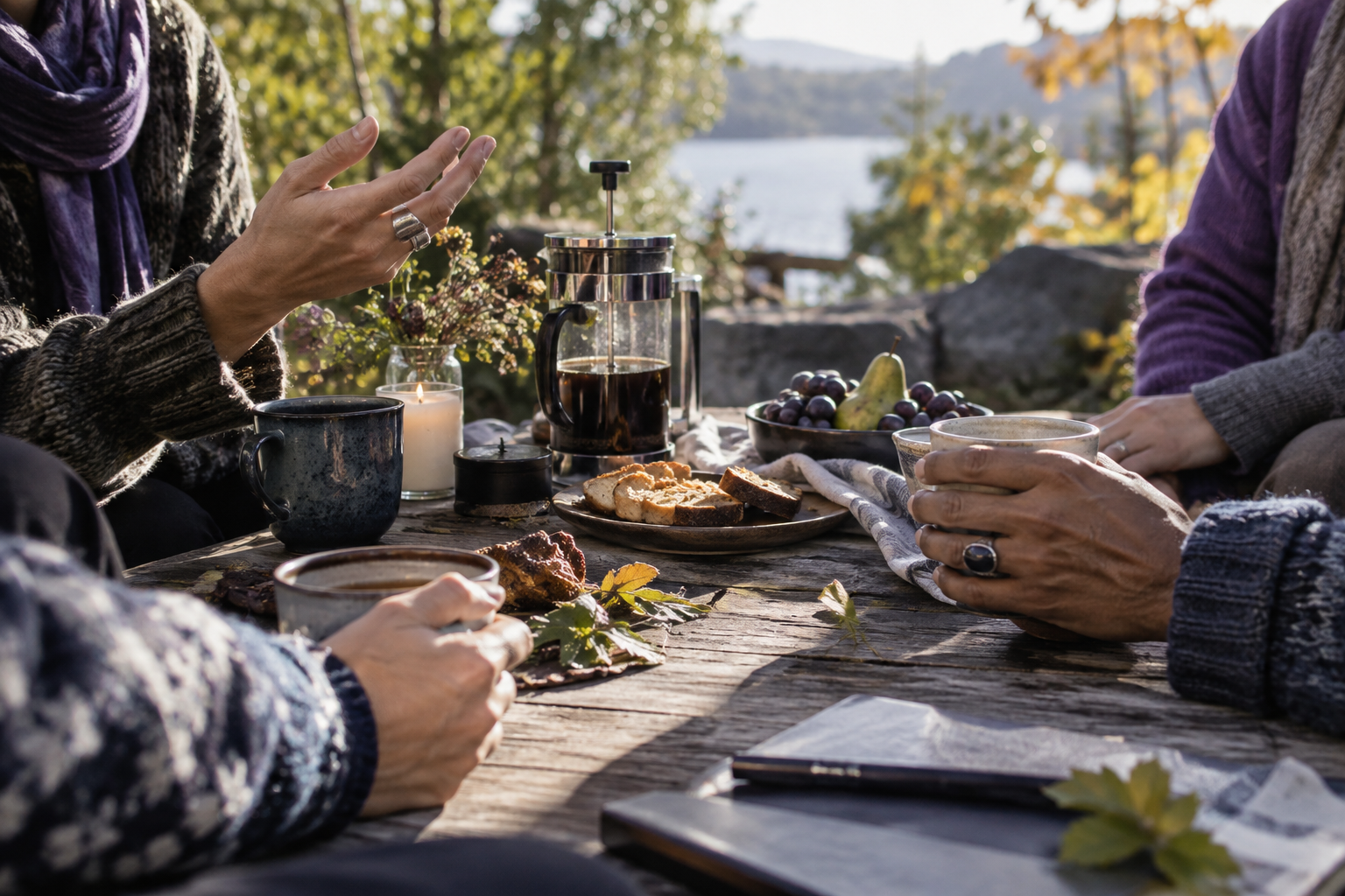 An illustrative scene of people sharing tea and conversation around an autumn table.